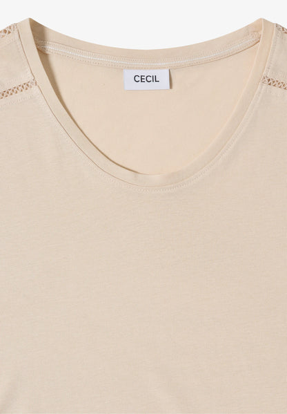 V-Neck T-Shirt with Lace Detail, Beige