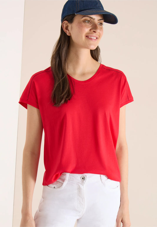 V-Neck T-Shirt with Lace Detail, Red