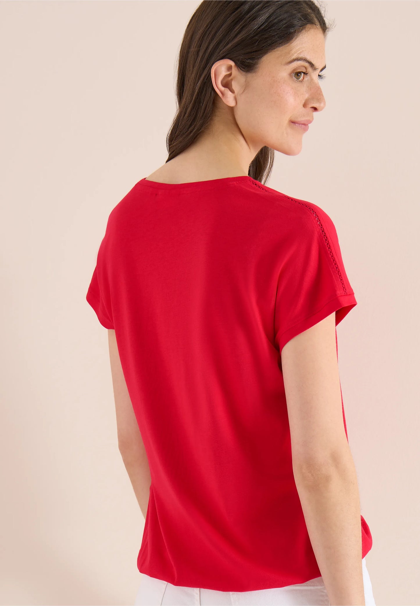 V-Neck T-Shirt with Lace Detail, Red