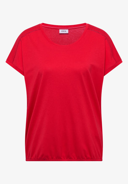V-Neck T-Shirt with Lace Detail, Red