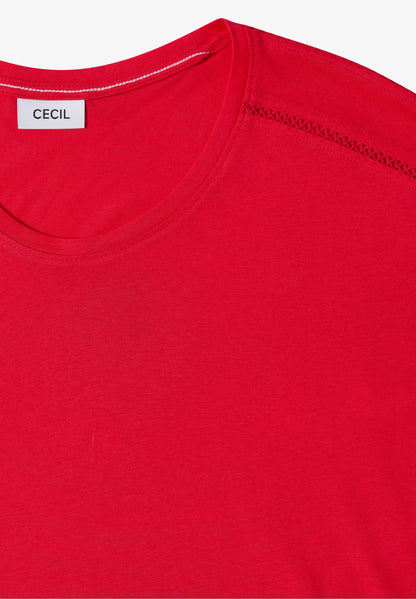 V-Neck T-Shirt with Lace Detail, Red
