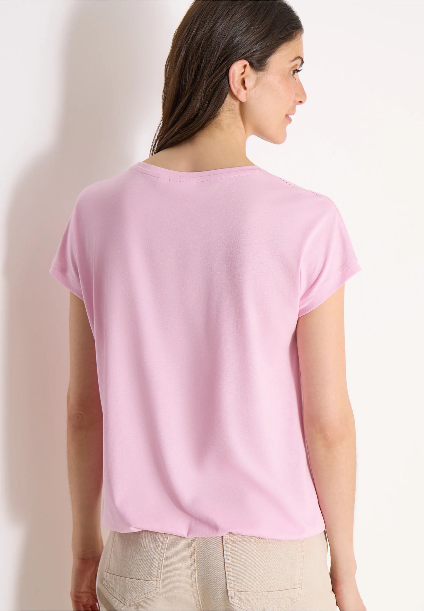 V-Neck T-Shirt with Lace Detail, Pink