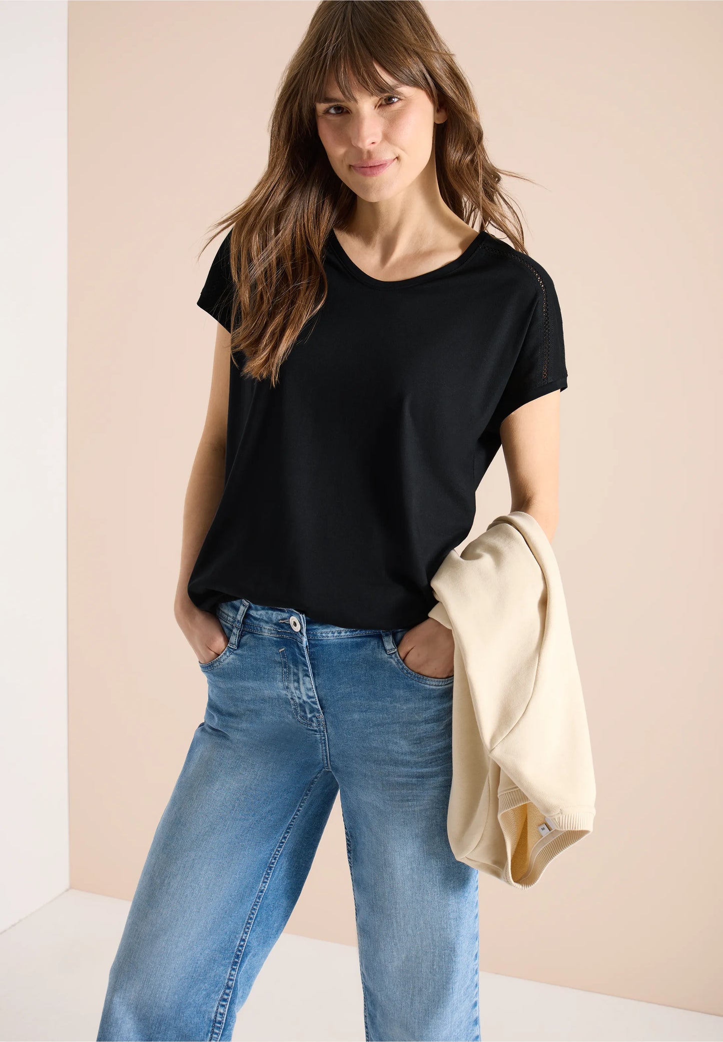 V-Neck T-Shirt with Lace Detail, Black