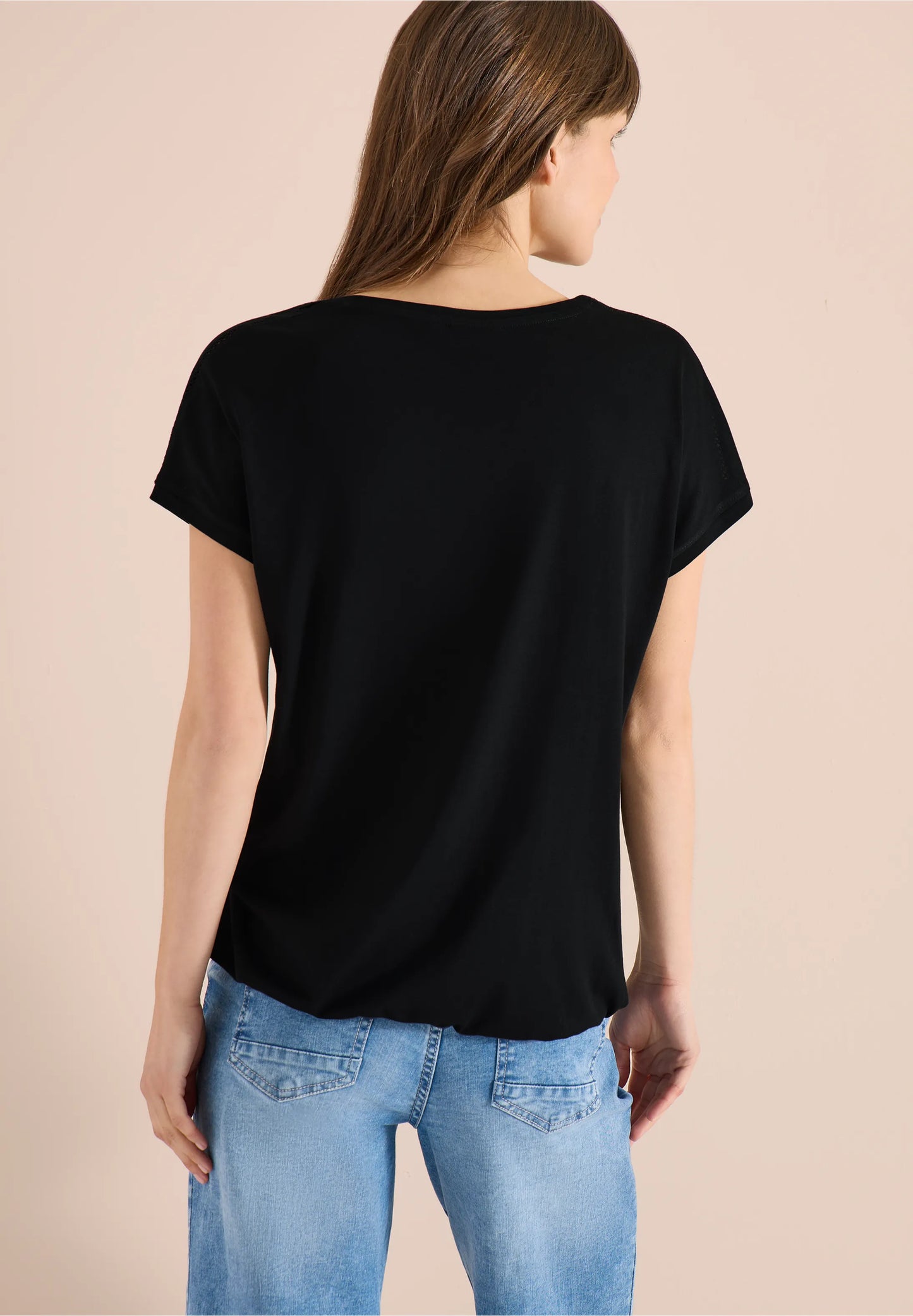 V-Neck T-Shirt with Lace Detail, Black