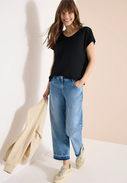V-Neck T-Shirt with Lace Detail, Black
