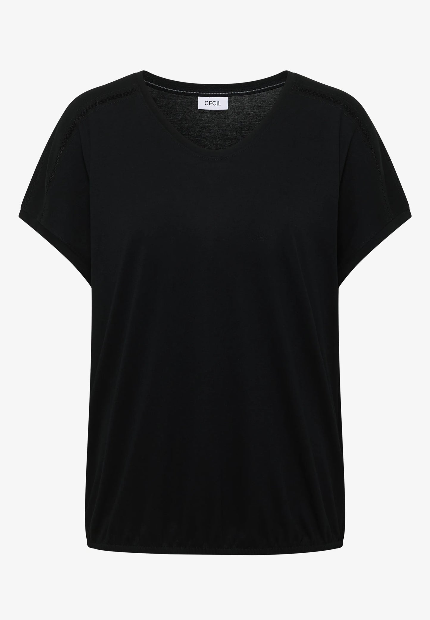 V-Neck T-Shirt with Lace Detail, Black