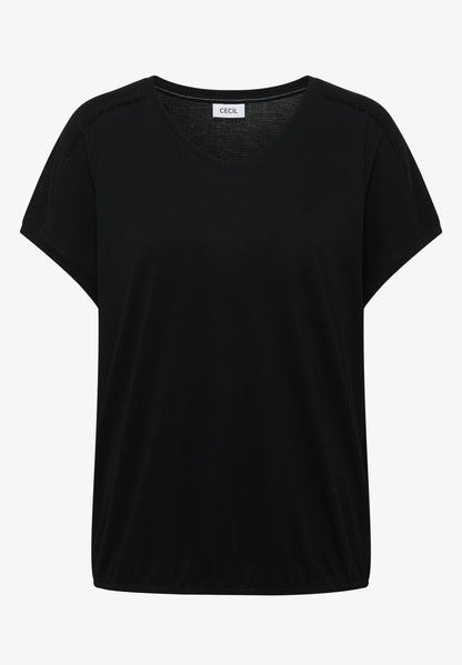 V-Neck T-Shirt with Lace Detail, Black