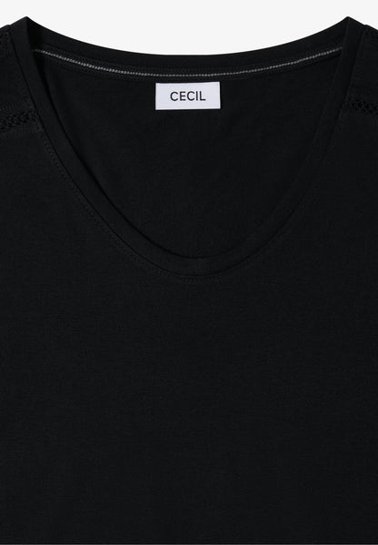 V-Neck T-Shirt with Lace Detail, Black