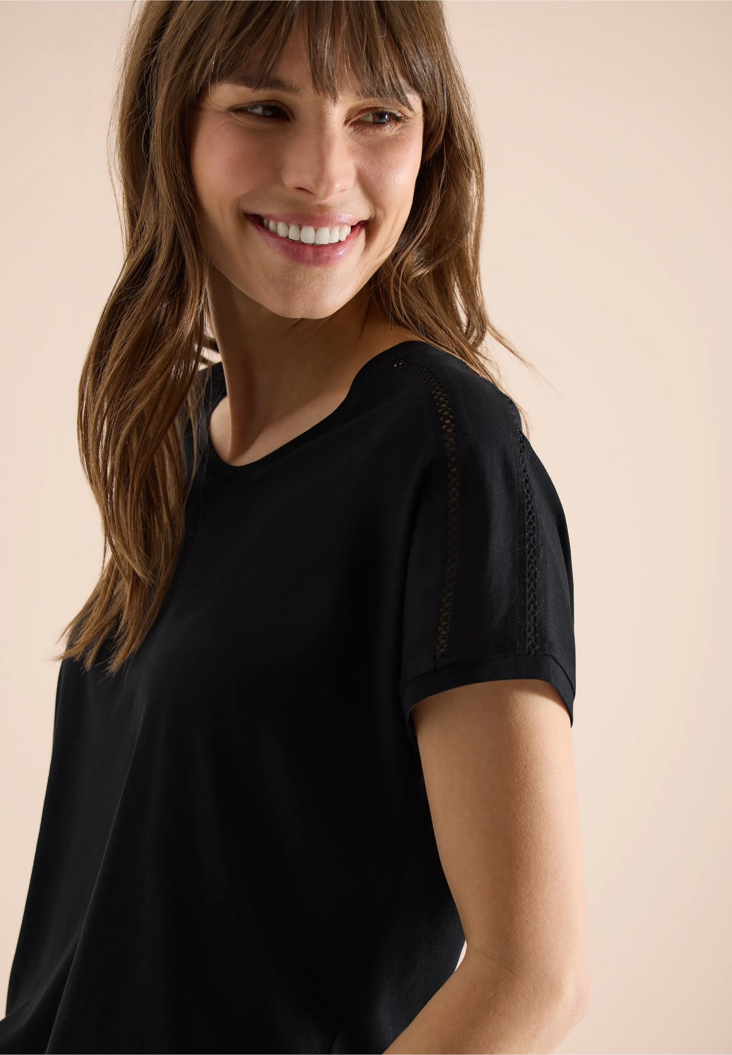 V-Neck T-Shirt with Lace Detail, Black