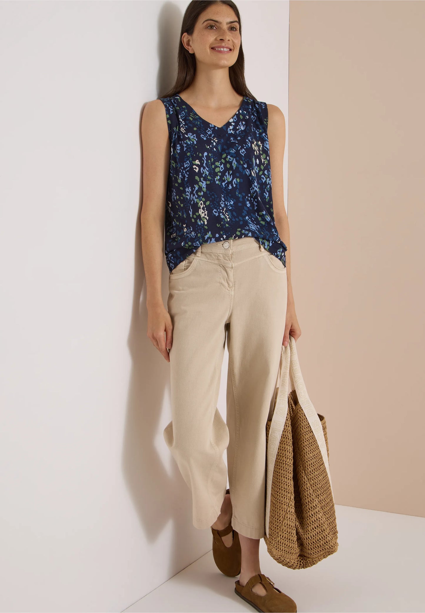Printed Sleeveless Jersey Top, Navy