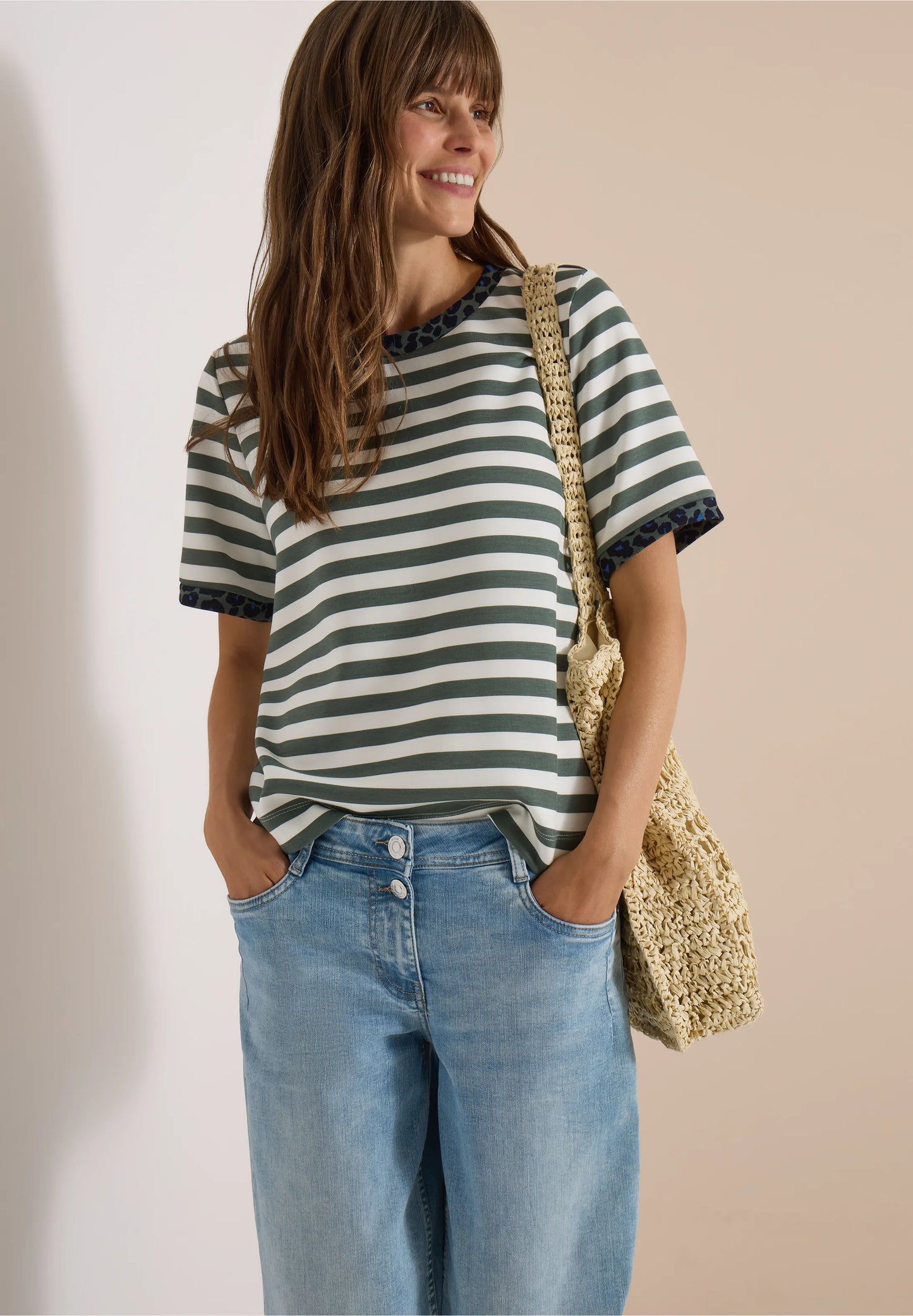 Striped T-Shirt with Leopard Print Trim, Sage Green