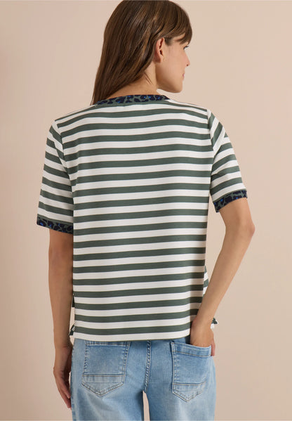 Striped T-Shirt with Leopard Print Trim, Sage Green