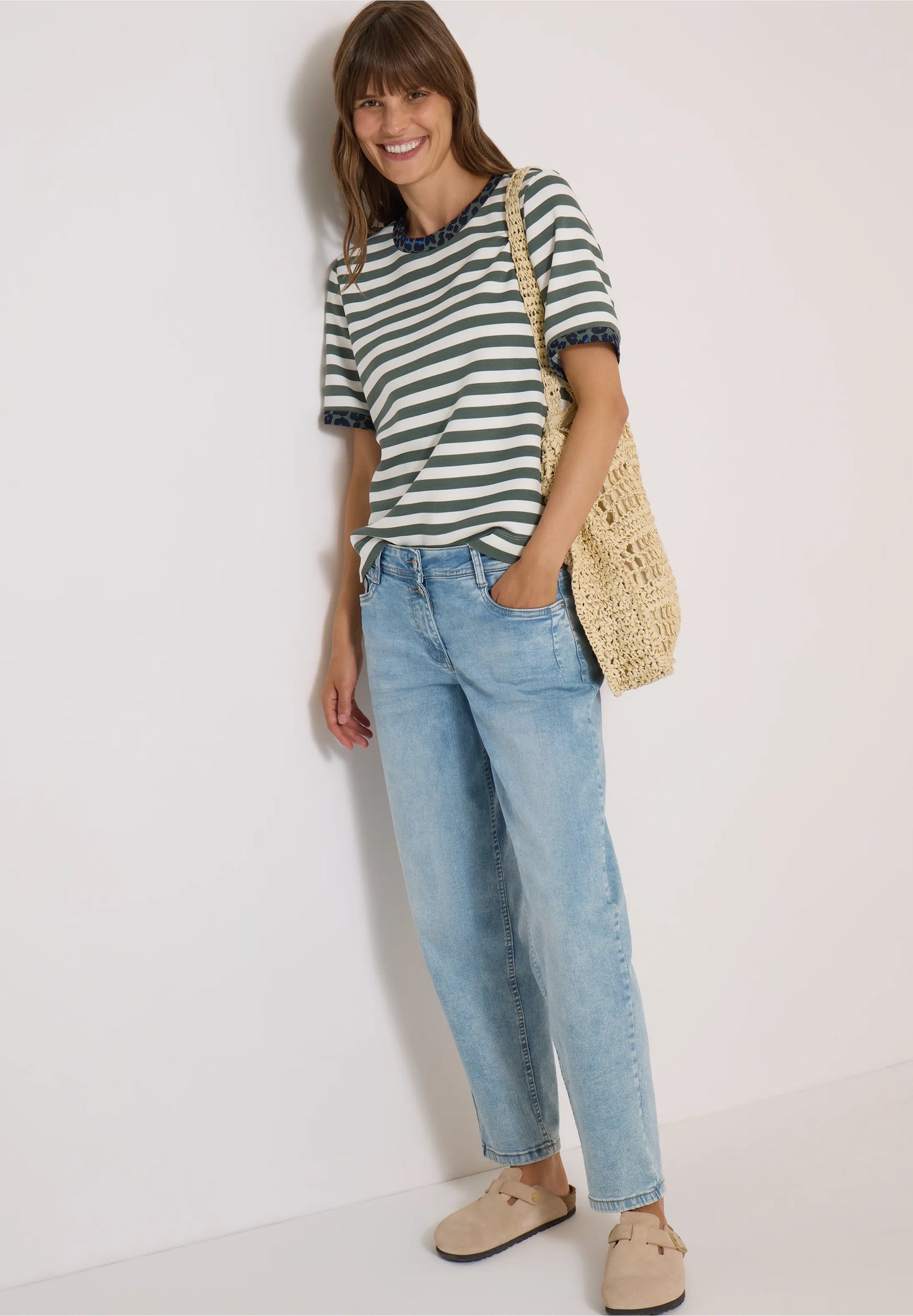 Striped T-Shirt with Leopard Print Trim, Sage Green