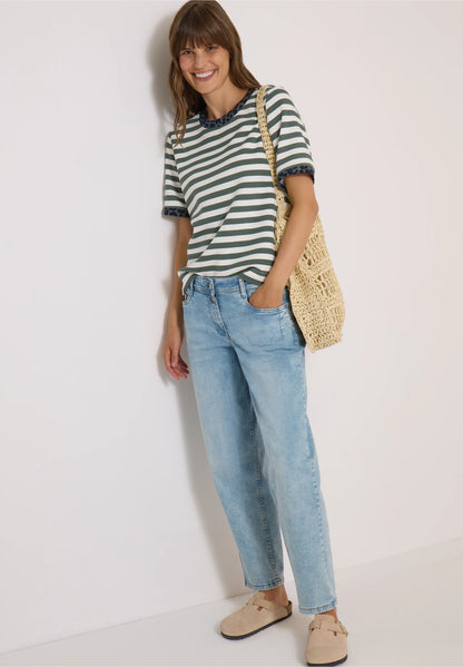 Striped T-Shirt with Leopard Print Trim, Sage Green