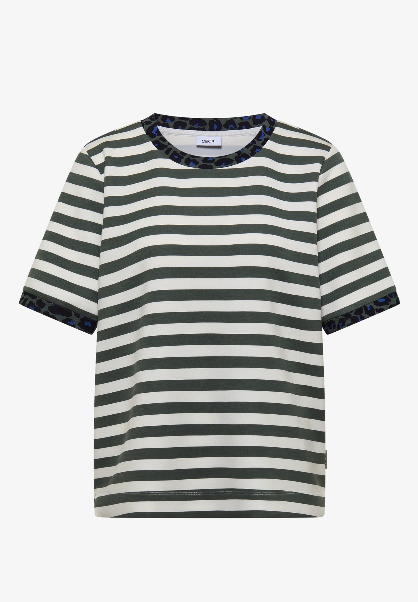 Striped T-Shirt with Leopard Print Trim, Sage Green