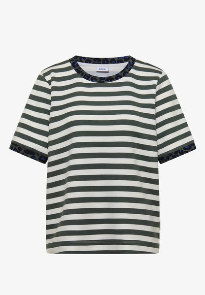 Striped T-Shirt with Leopard Print Trim, Sage Green