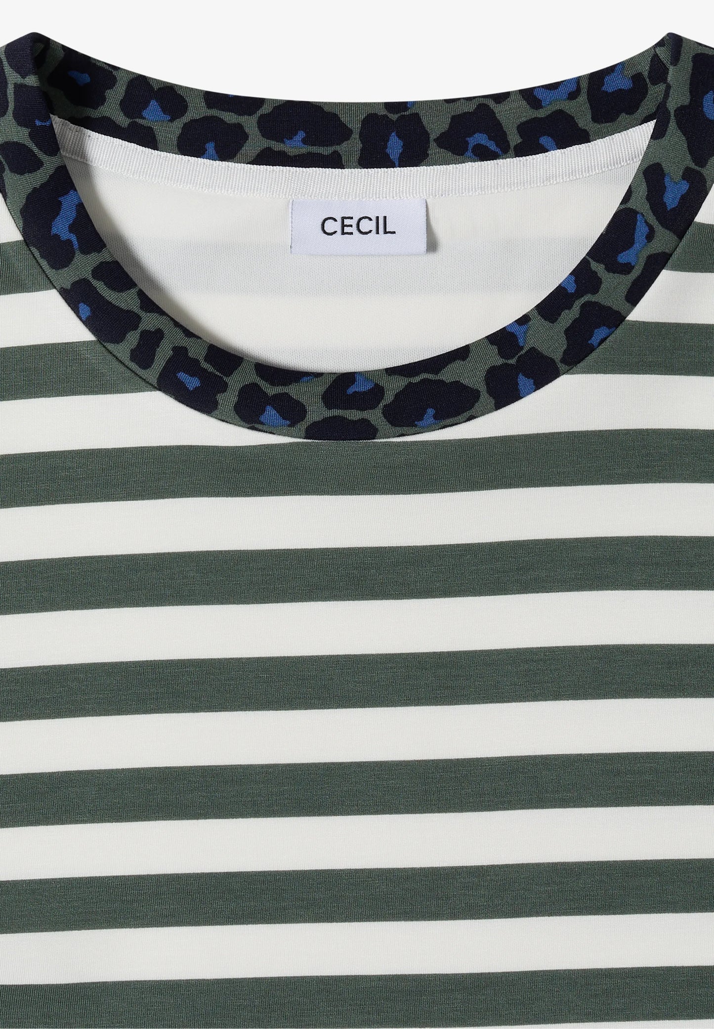 Striped T-Shirt with Leopard Print Trim, Sage Green