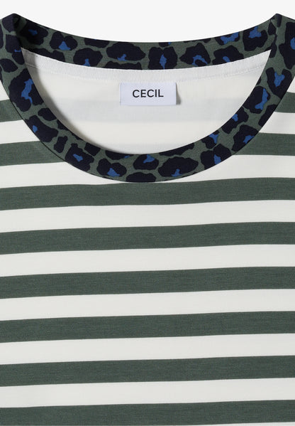 Striped T-Shirt with Leopard Print Trim, Sage Green