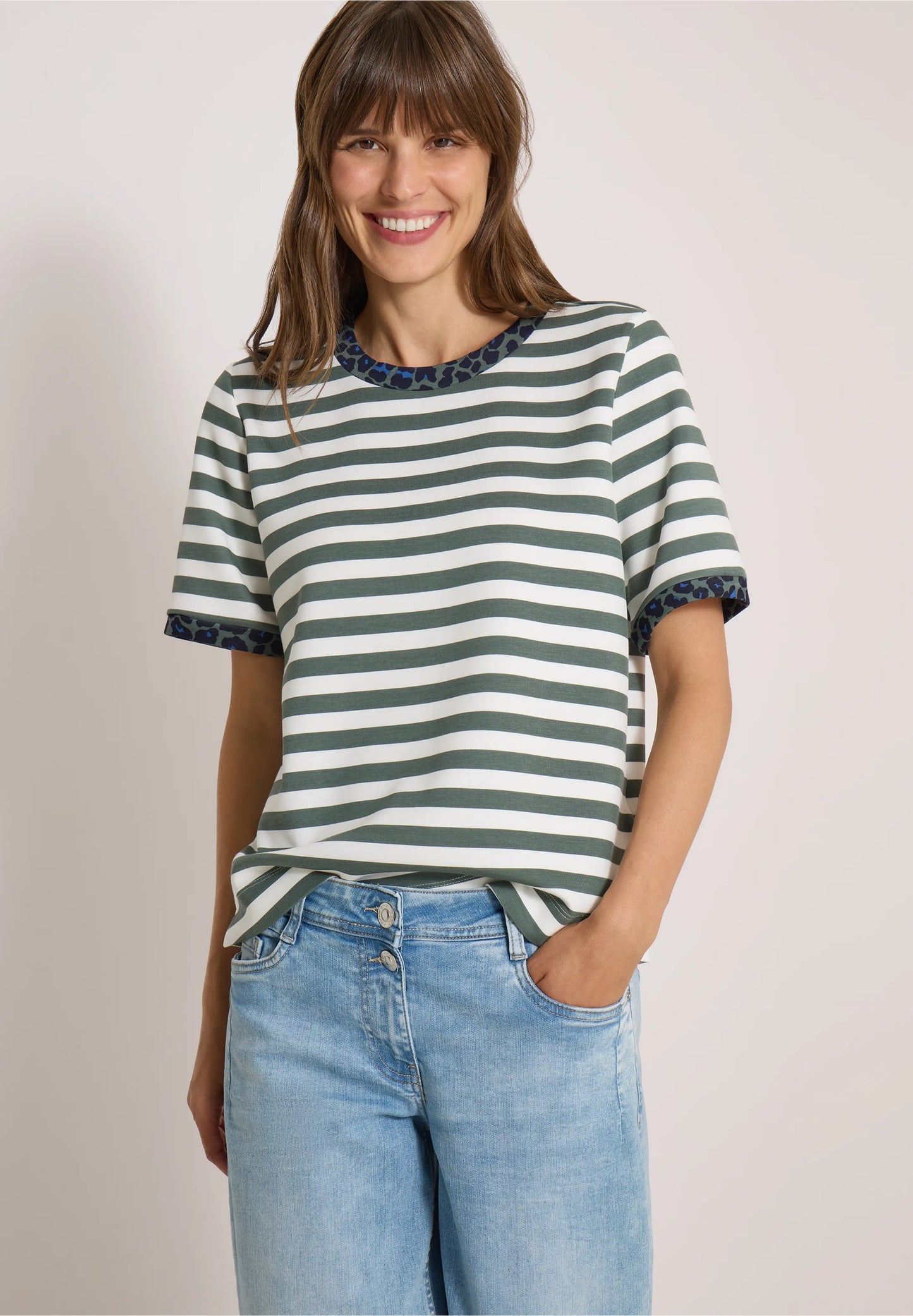 Striped T-Shirt with Leopard Print Trim, Sage Green