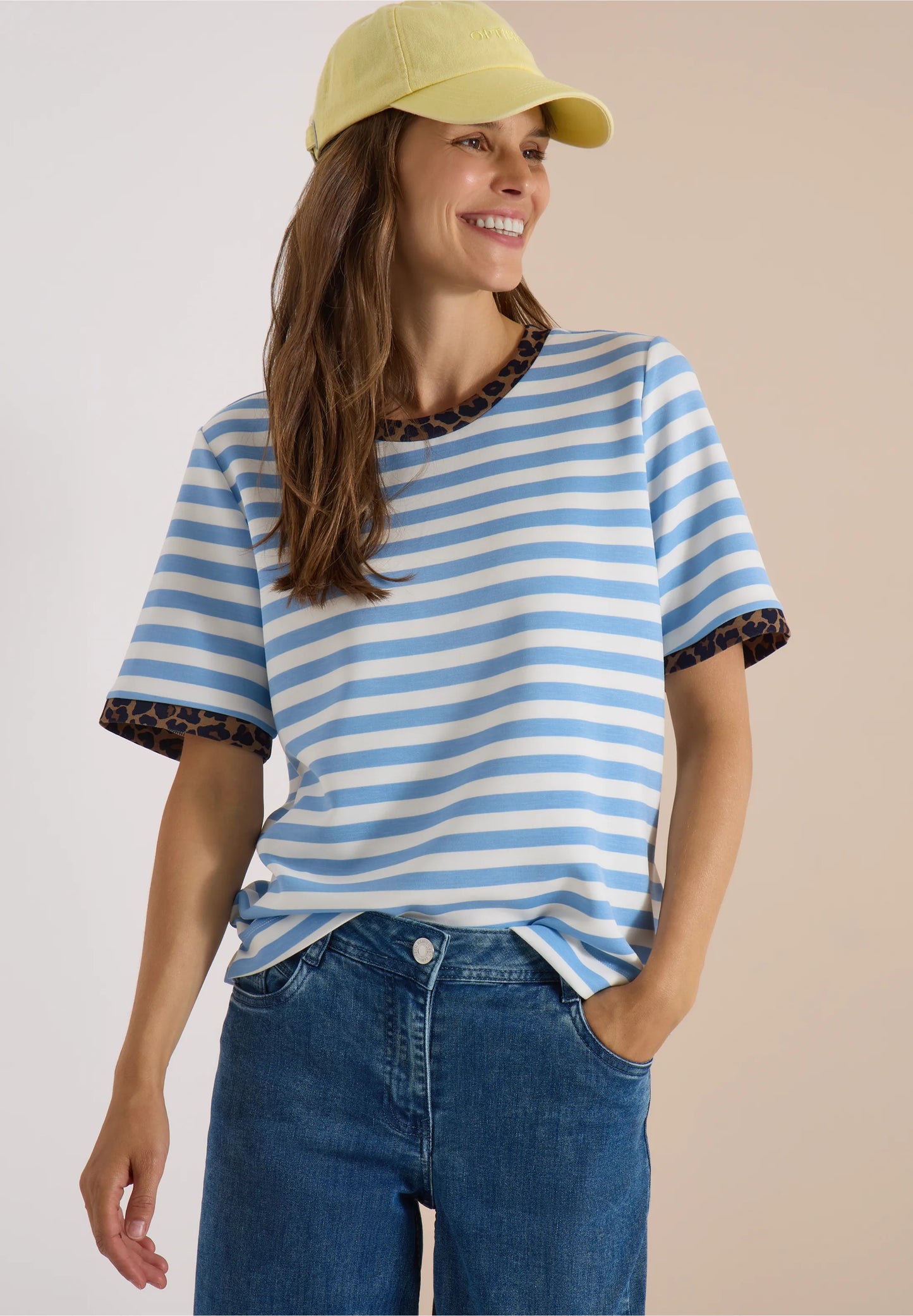Striped T-Shirt with Leopard Print Trim, Light Blue