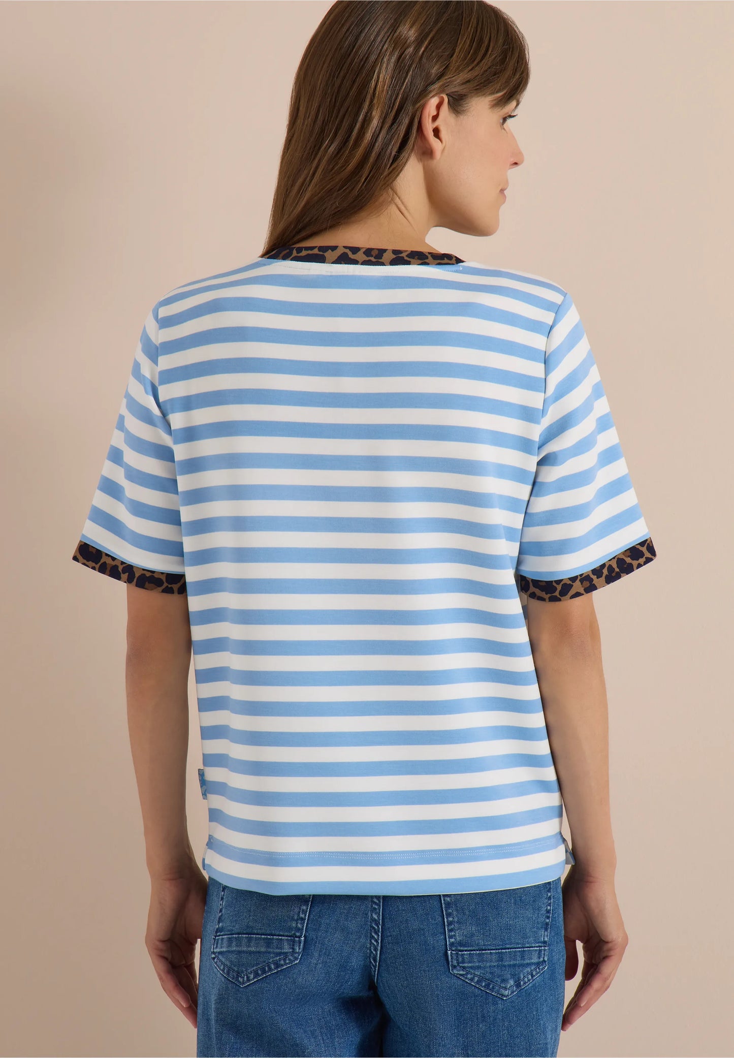 Striped T-Shirt with Leopard Print Trim, Light Blue