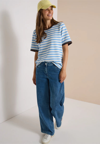 Striped T-Shirt with Leopard Print Trim, Light Blue