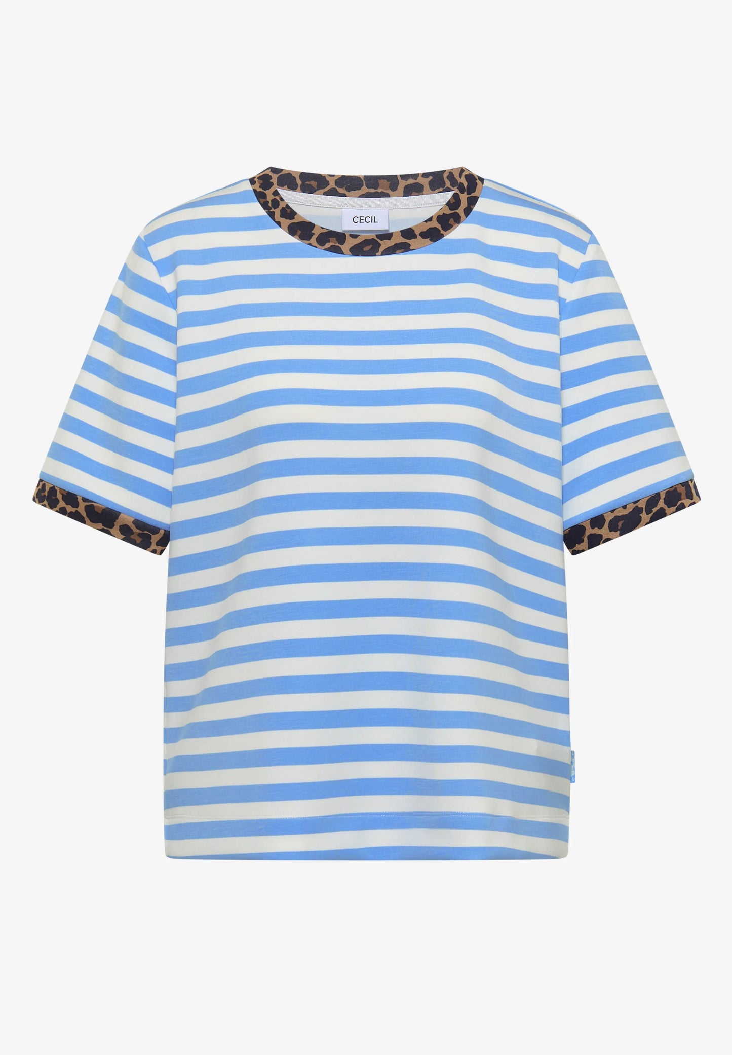 Striped T-Shirt with Leopard Print Trim, Light Blue