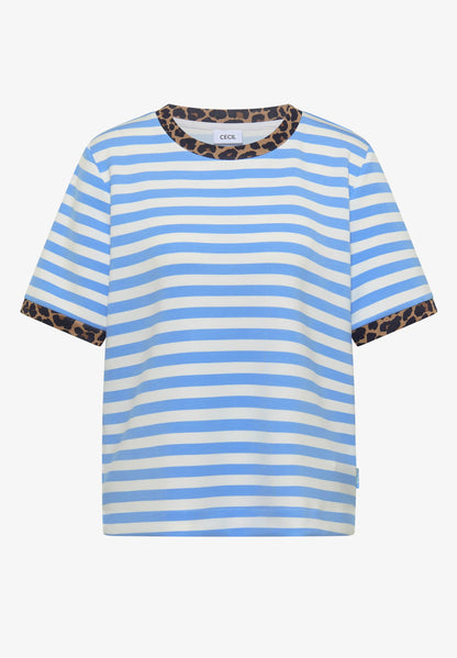 Striped T-Shirt with Leopard Print Trim, Light Blue