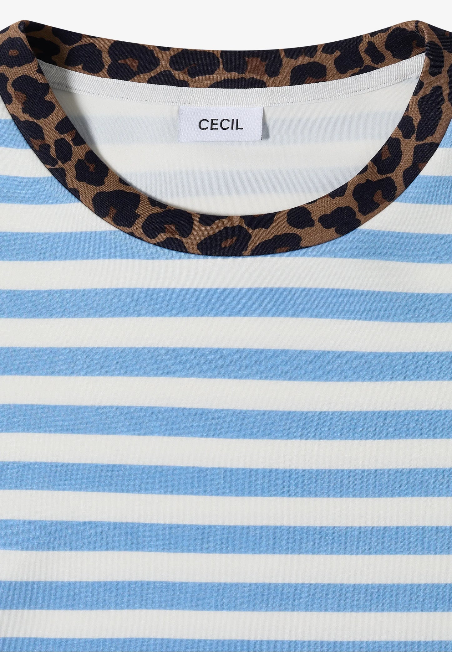 Striped T-Shirt with Leopard Print Trim, Light Blue