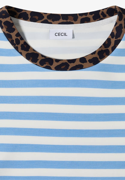 Striped T-Shirt with Leopard Print Trim, Light Blue