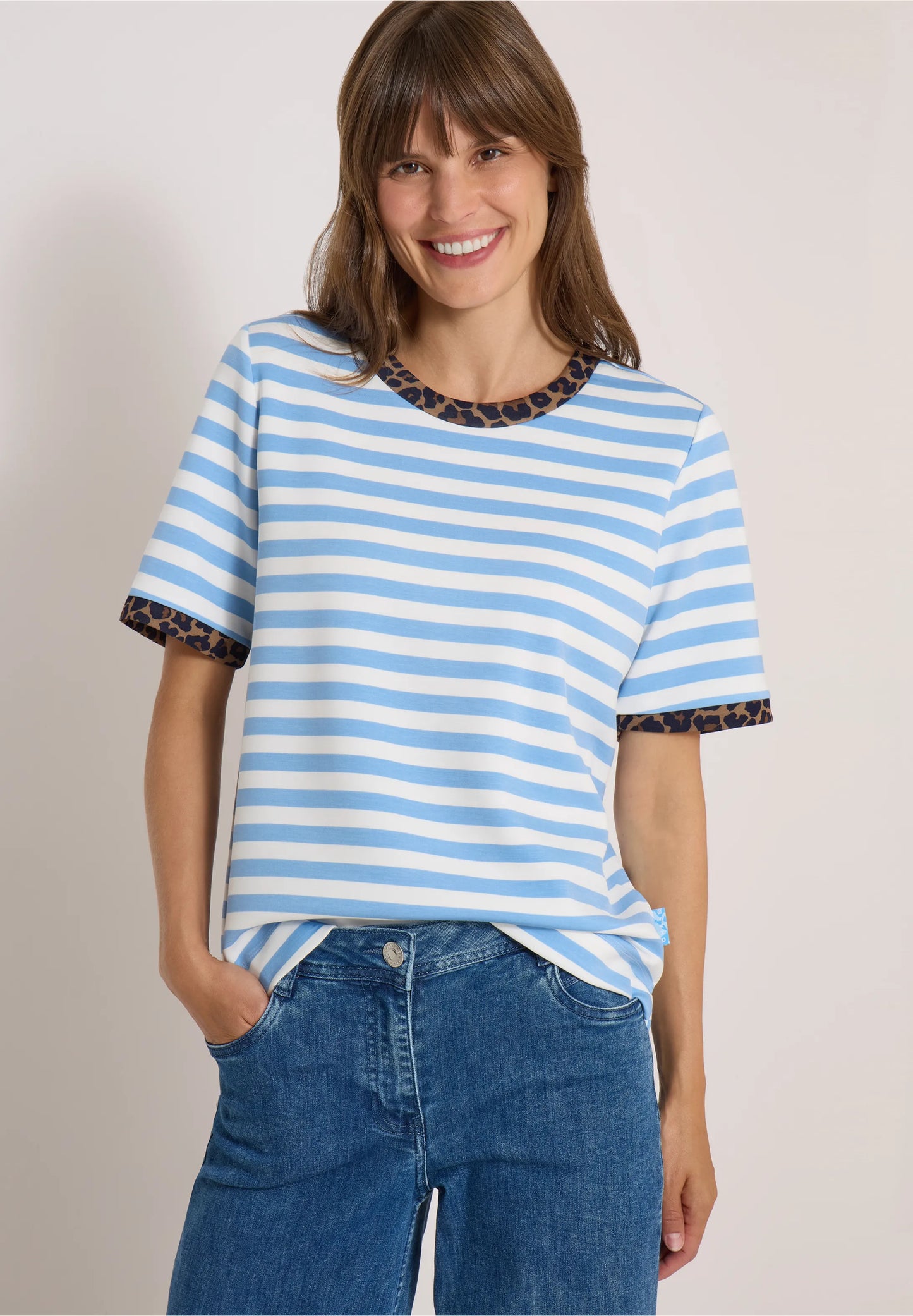 Striped T-Shirt with Leopard Print Trim, Light Blue