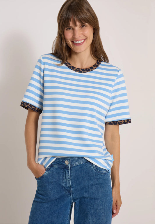Striped T-Shirt with Leopard Print Trim, Light Blue