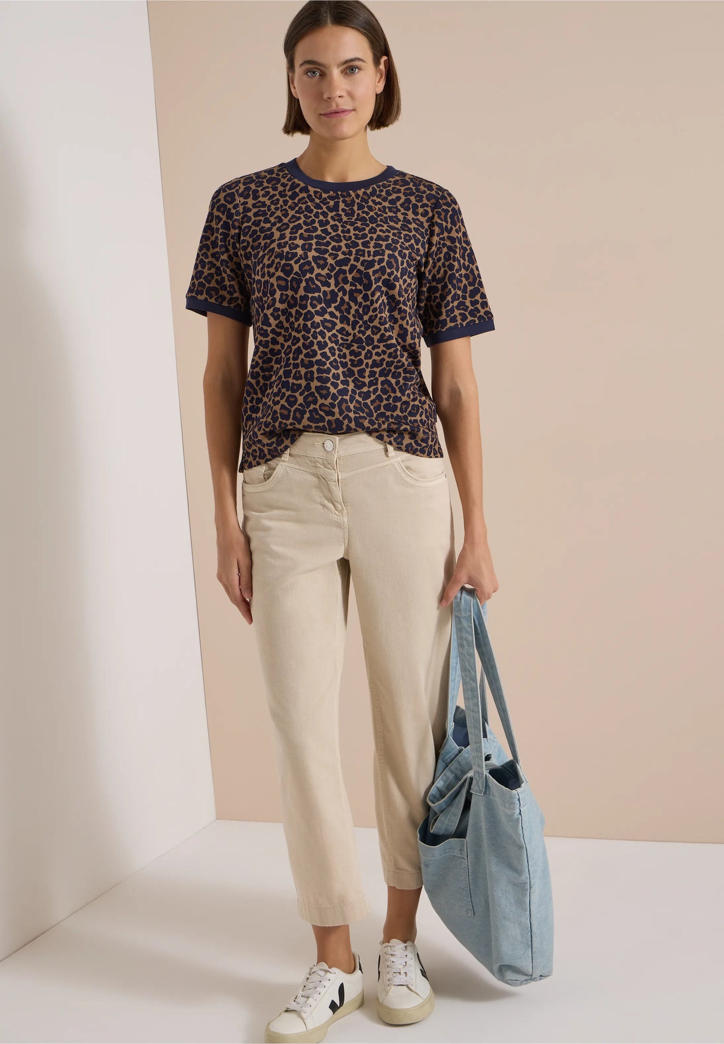 Leopard Print Jersey T-Shirt, Brown/Navy