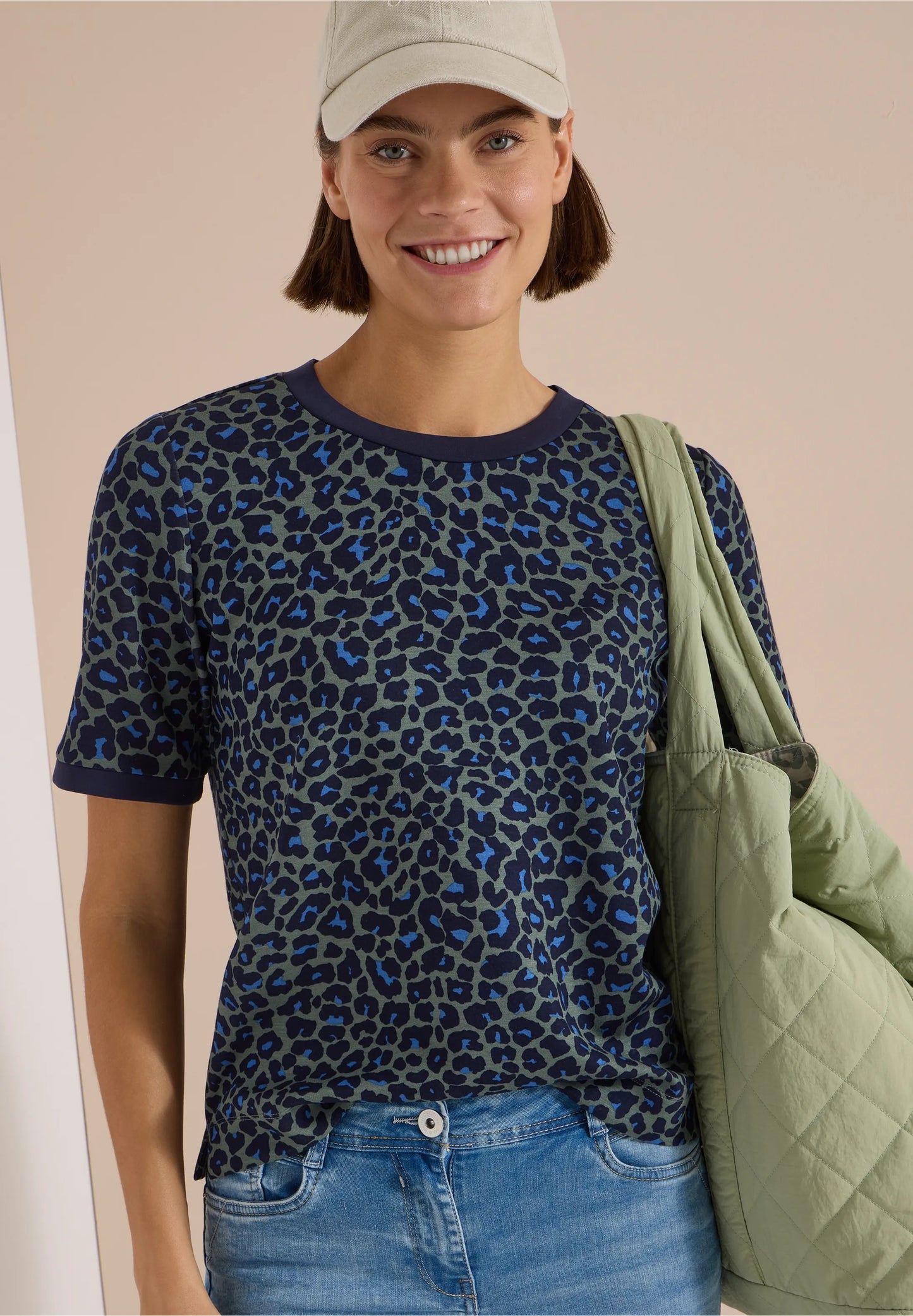Leopard Print Jersey T-Shirt, Khaki/Navy