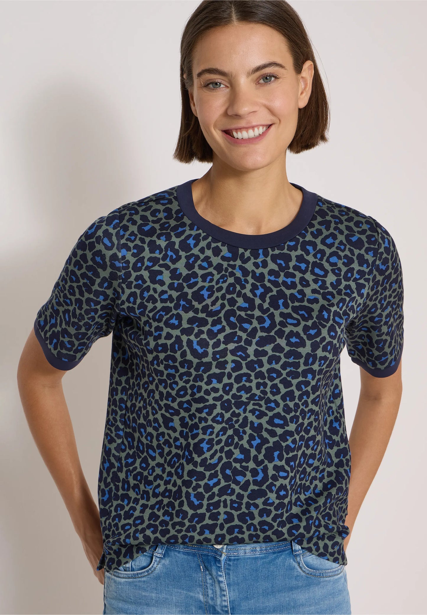 Leopard Print Jersey T-Shirt, Khaki/Navy