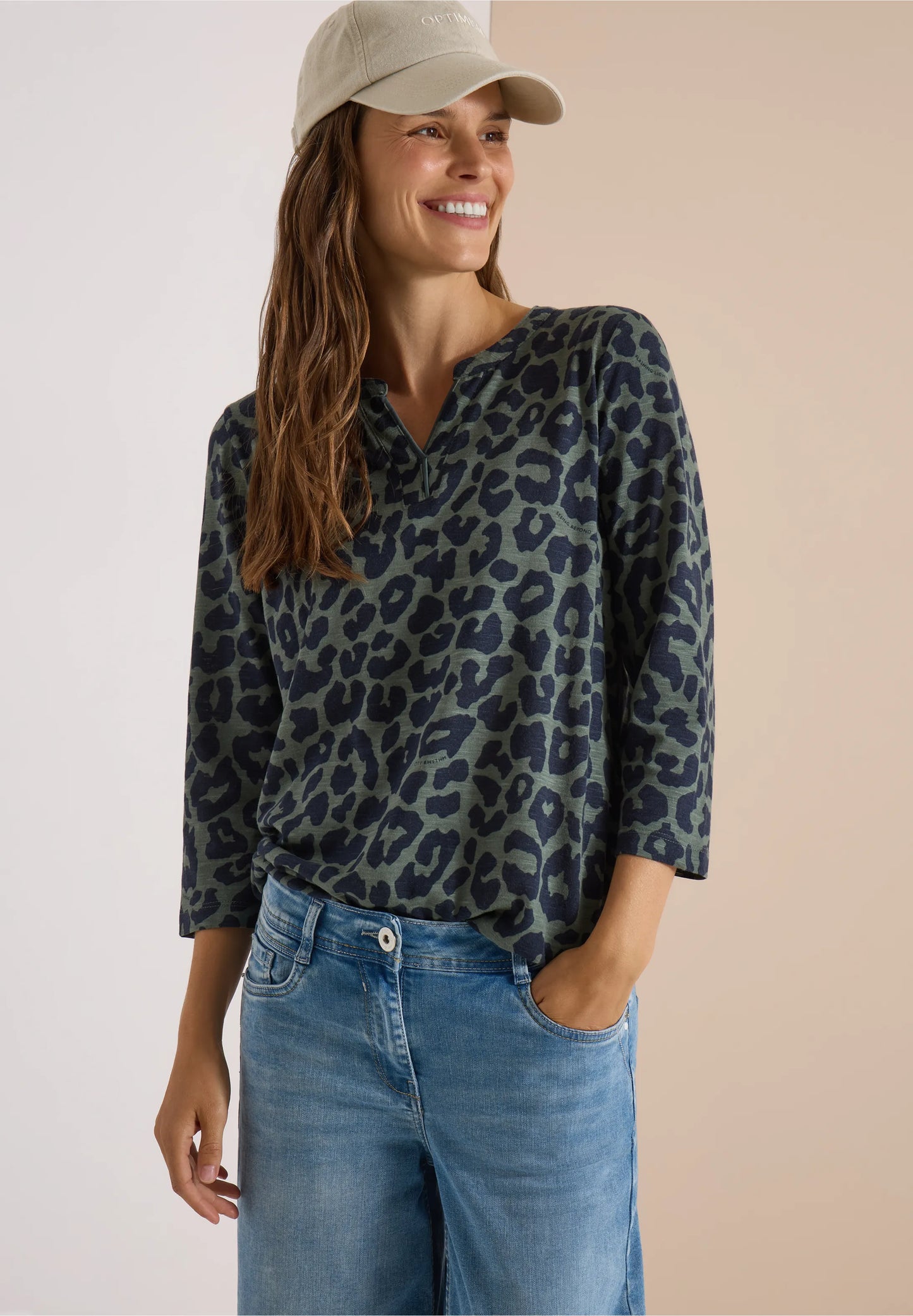 3/4 Sleeve Leopard Print Top, Khaki