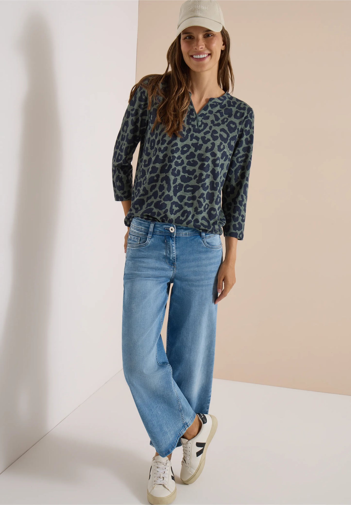 3/4 Sleeve Leopard Print Top, Khaki