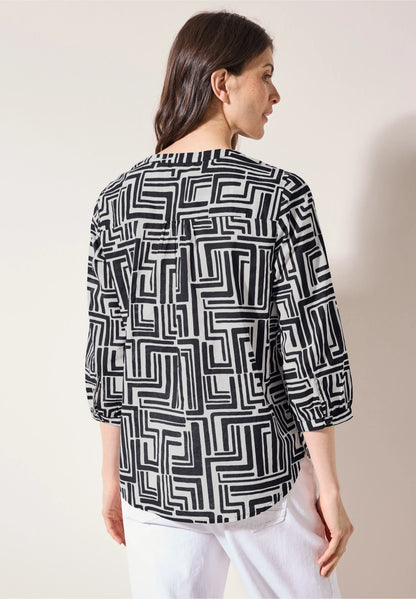Printed V-Neck Blouse with 3/4 Sleeves, Black