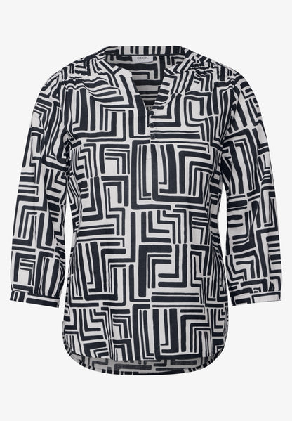 Printed V-Neck Blouse with 3/4 Sleeves, Black