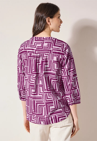Printed V-Neck Blouse with 3/4 Sleeves, Fuchsia