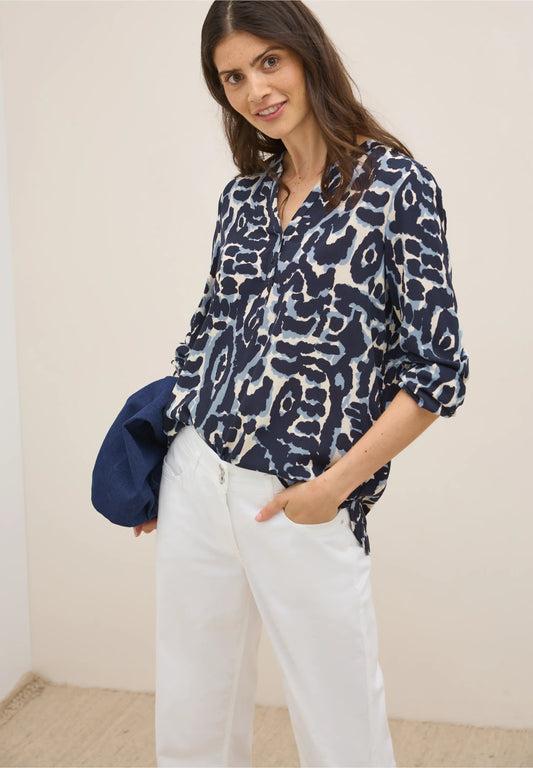 Graphic Print Shirt with Split Neck, Urban Dark Blue