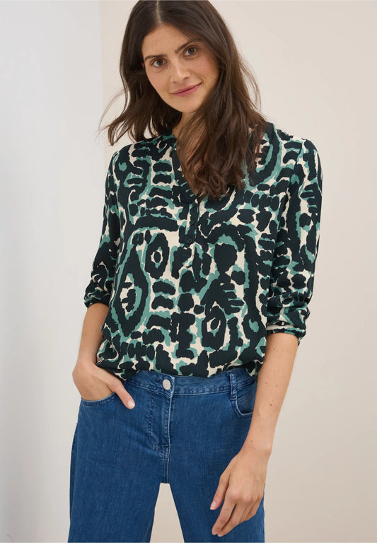 Graphic Print Shirt with Split Neck, Ink Green