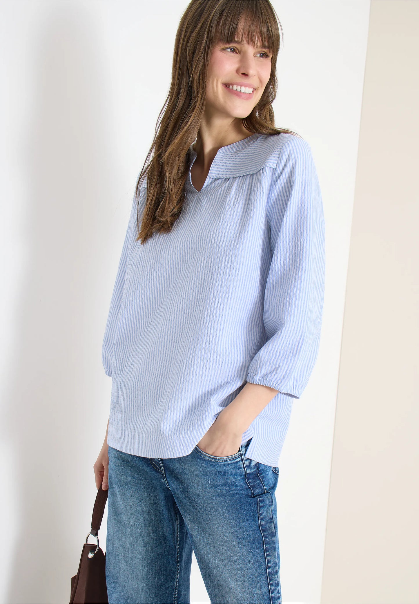 Seersucker Stripe Tunic Blouse, Blue