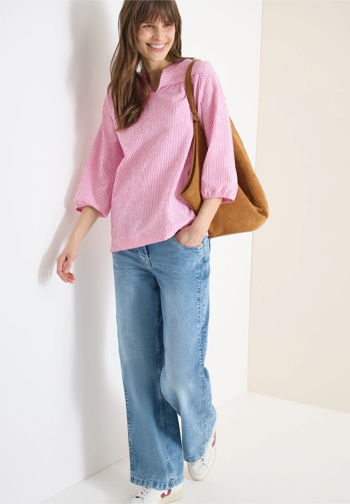 Seersucker Stripe Tunic Blouse, Pink