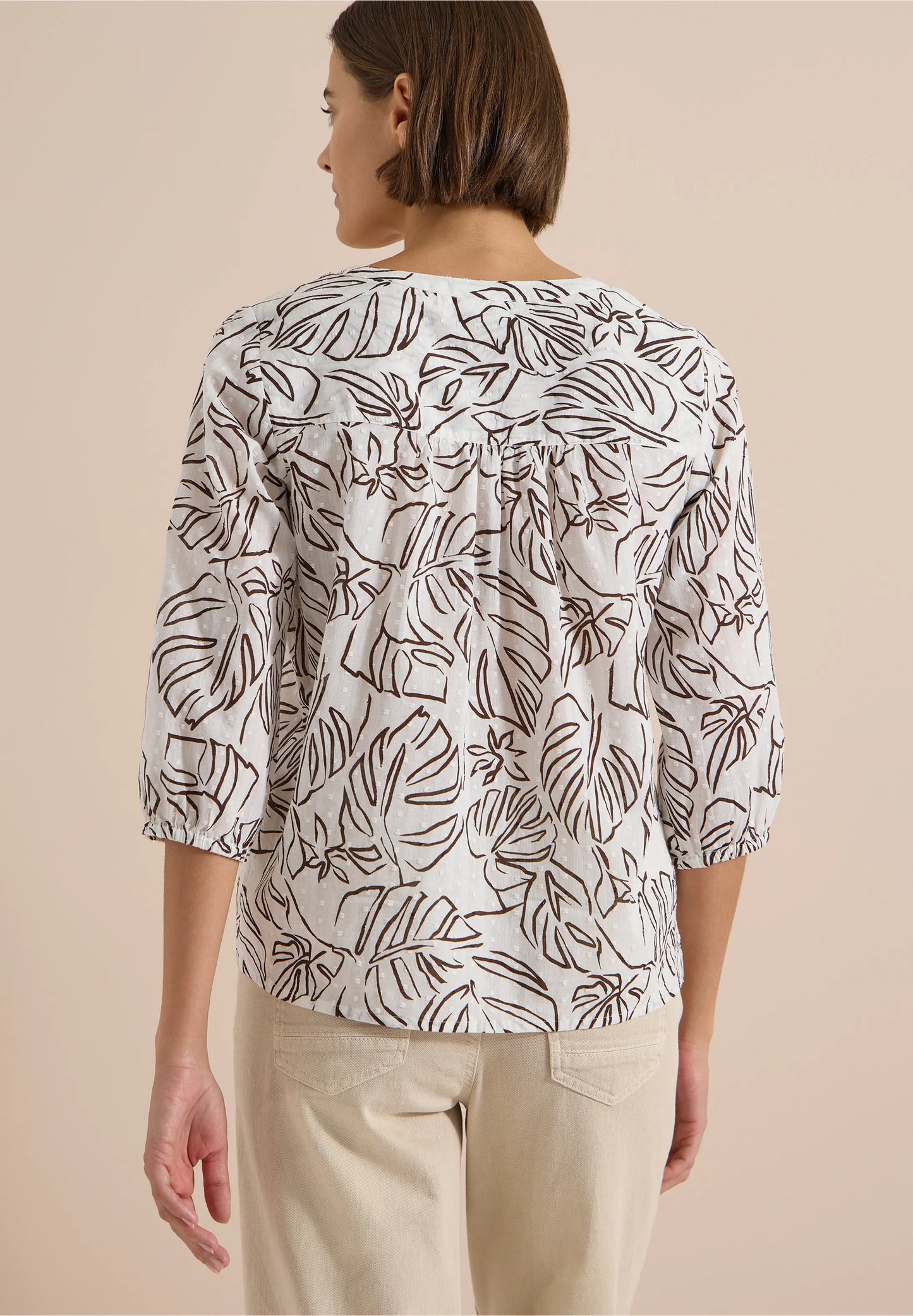 Leaf Print Cotton Tunic Blouse with Tie Neck