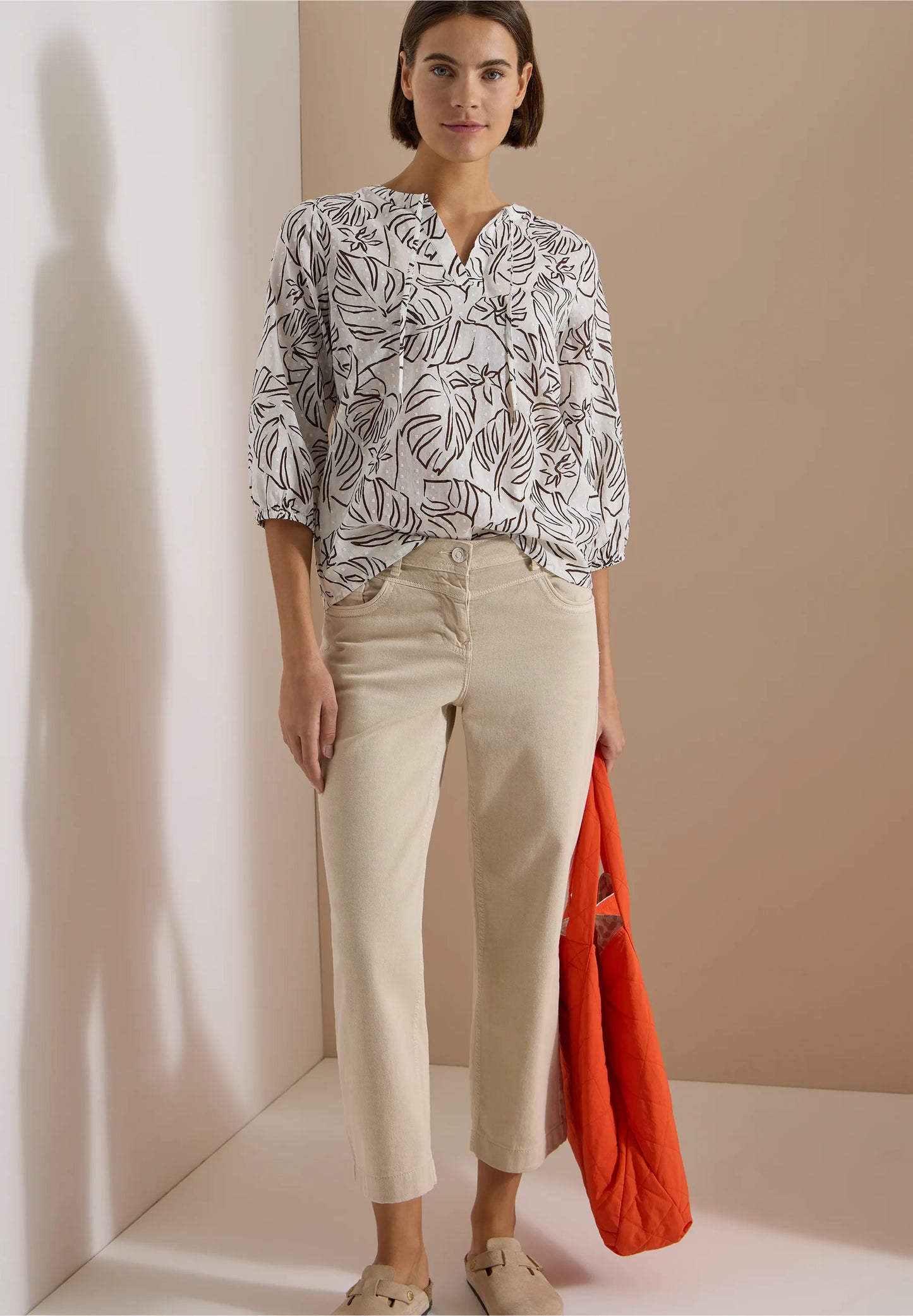 Leaf Print Cotton Tunic Blouse with Tie Neck