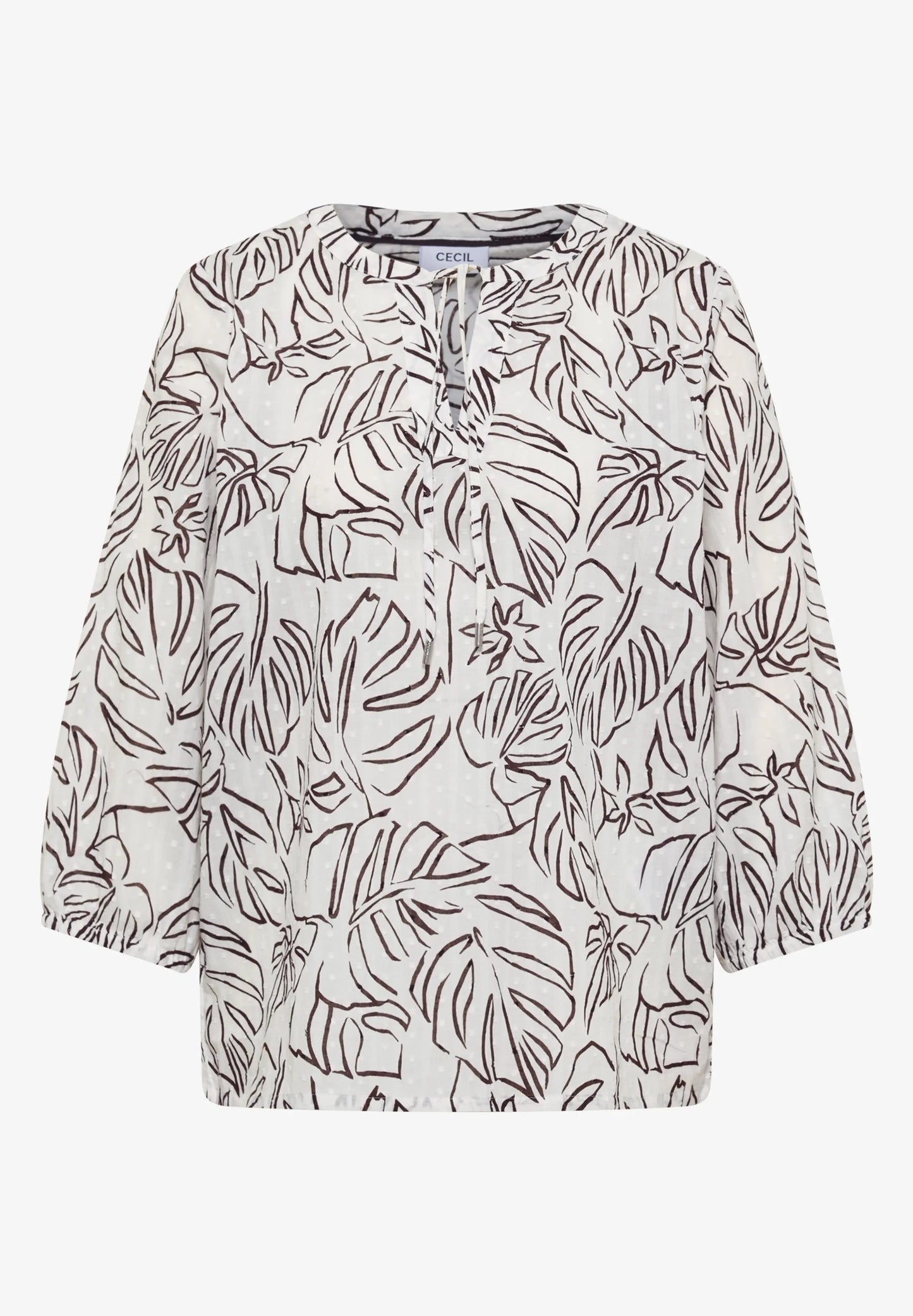Leaf Print Cotton Tunic Blouse with Tie Neck