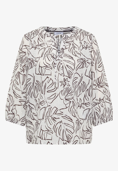 Leaf Print Cotton Tunic Blouse with Tie Neck