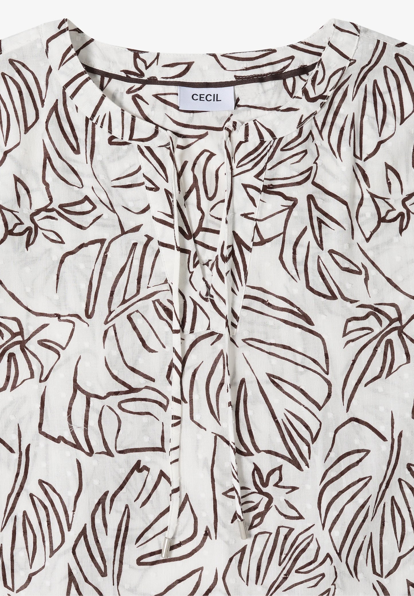 Leaf Print Cotton Tunic Blouse with Tie Neck