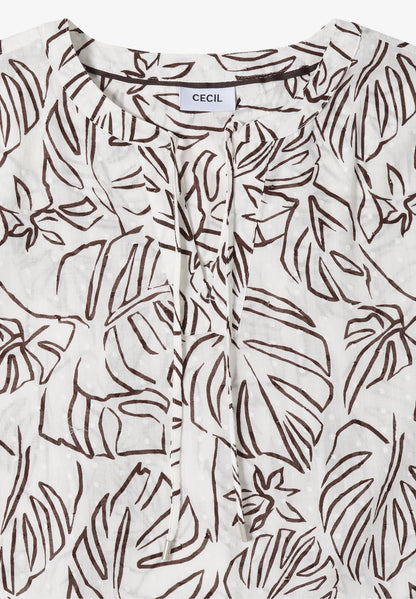 Leaf Print Cotton Tunic Blouse with Tie Neck